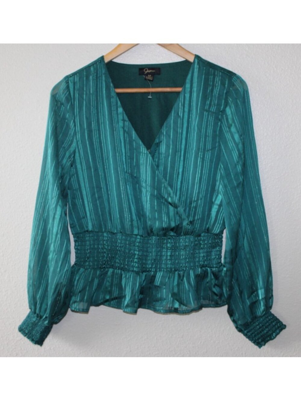 Japna Womens Green Long Sleeve Smocked Faux Wrap Blouse M NWT